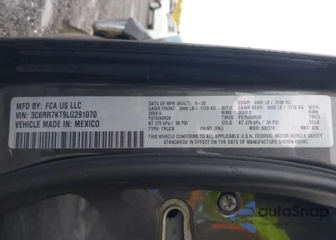 2020 Ram 1500 Classic Tradesman 4X4 5'7 Box z USA, uszkodzony, nr VIN 3C6RR7KT9LG291070